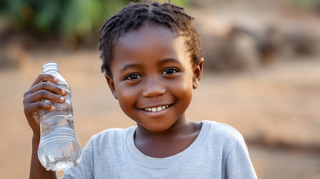 Happy little thirsty guy with a bottle of clean fresh drinking water in his hand in Africa, shortage of clean water. Water crisis and water shortage in summer during long drought is a global problem of drought on the planetの素材