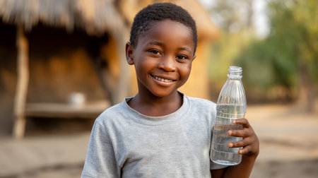 Happy little thirsty guy with a bottle of clean fresh drinking water in his hand in Africa, shortage of clean water. Water crisis and water shortage in summer during long drought is a global problem of drought on the planetの素材