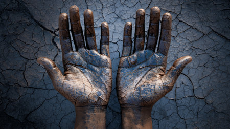 hands made of water, lack of water, drought on earth. Water crisis and water shortage in summer during long drought is a global problem of drought on the planetの素材