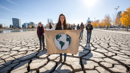 Global warming protest in a dried-up park. Water crisis and water shortage in summer during long drought is a global problem of drought on the planetの素材