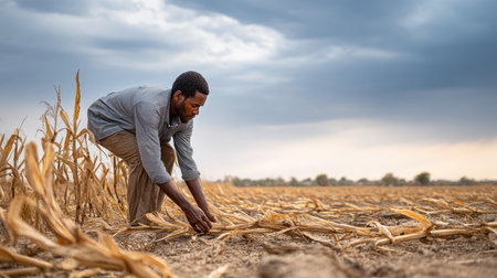 Farmer inspecting dead crops in a dry field. Water crisis and water shortage in summer during long drought is a global problem of drought on the planetの素材