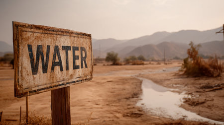 Faded warning signs for water shortage in dry are. Water crisis and water shortage in summer during long drought is a global problem of drought on the planetの素材