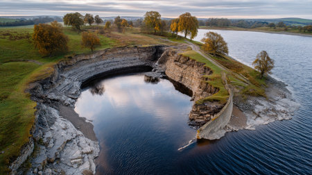 Empty reservoir with visible dam and exposed rock. Water crisis and water shortage in summer during long drought is a global problem of drought on the planetの素材