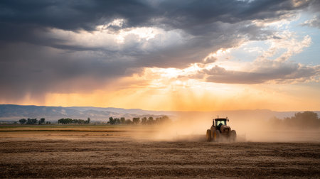 Dust rising from tractor in dead field during drought. Water crisis and water shortage in summer during long drought is a global problem of drought on the planetの素材
