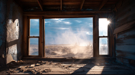 Dust blowing through the window of an abandoned shack. Water crisis and water shortage in summer during long drought is a global problem of drought on the planet.の素材