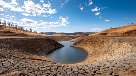 Dry dam with visible bottom and surrounding drought. Water crisis and water shortage in summer during long drought is a global problem of drought on the planetの素材