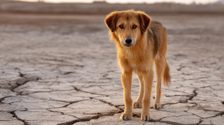 Dog standing alone in a parched wasteland. Water crisis and water shortage in summer during long drought is a global problem of drought on the planetの素材