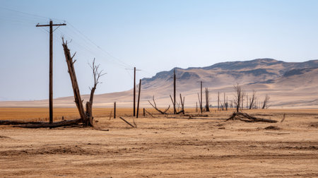Desertified farmland with broken irrigation pipes. Water crisis and water shortage in summer during long drought is a global problem of drought on the planetの素材