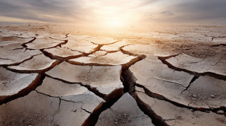 Cracked clay pattern viewed from directly above. Water crisis and water shortage in summer during long drought is a global problem of drought on the planetの素材