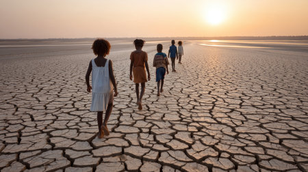 Children walking on dry land in search of water. Water crisis and water shortage in summer during long drought is a global problem of drought on the planetの素材