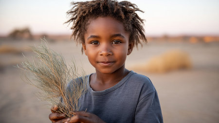 Child holding a dry plant in a wasteland landscape. Water crisis and water shortage in summer during long drought is a global problem of drought on the planet.の素材