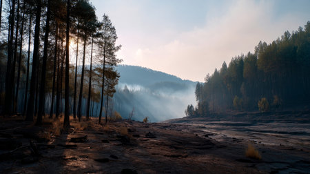 Burnt forest area from heat and drought, smoke lingering. Water crisis and water shortage in summer during long drought is a global problem of drought on the planetの素材