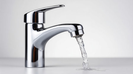 an open tap from which water flows on a white background, lack of water on earth, saving water. Water crisis and water shortage in summer during long drought is a global problem of drought on the planetの素材