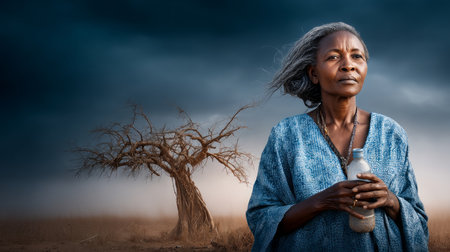 African old woman in a withered field in front of a withered tree drinks water from a bottle. Water crisis and water shortage in summer during long drought is a global problem of drought on the planetの素材