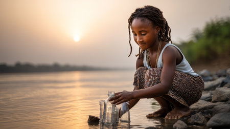 African girl draws water into bottles from the river. Water crisis and water shortage in summer during long drought is a global problem of drought on the planetの素材