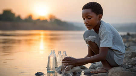 African boy draws water into bottles from the river. Water crisis and water shortage in summer during long drought is a global problem of drought on the planetの素材