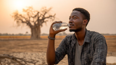 A young African guy in a withered field in front of a withered tree drinks water from a bottle. Water crisis and water shortage in summer during long drought is a global problem of drought on the planetの素材