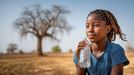 A young African girl in a withered field in front of a withered tree drinks water from a bottle. Water crisis and water shortage in summer during long drought is a global problem of drought on the planetの素材