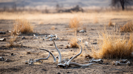 A parched savanna with dried grass and scattered bones. Water crisis and water shortage in summer during long drought is a global problem of drought on the planetの素材