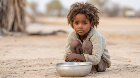 Little boy waiting for drinking water to survive the drought. Water crisis and water shortage in summer during long drought is a global problem of drought on the planetの素材