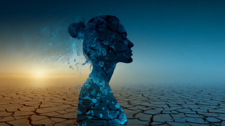 A girl completely made of water against a drought background, the concept of drought and lack of water on earth, 3D illustration. Water crisis and water shortage in summer during long drought is a global problem of drought on the planetの素材