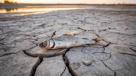 A dead fish lying in a dry riverbed with cracked mud. Water crisis and water shortage in summer during long drought is a global problem of drought on the planetの素材