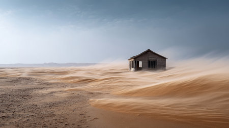 Wind-blown sand covering an abandoned structure in a drought zone. Water crisis and water shortage in summer during long drought is a global problem of drought on the planetの素材