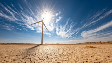 Wind turbine in barren desert landscape with heat waves. Water crisis and water shortages in summer during prolonged droughtの素材