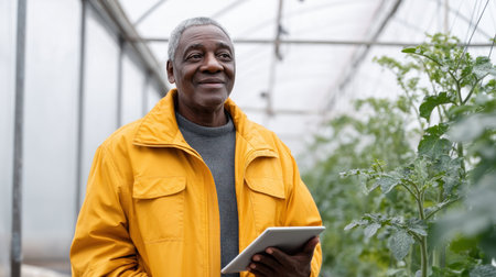 Thinking farmer elderly african american man with digital tablet checking sustainable agricultural growth, progress or preparing export order for technology. Serious man gardener or greenhouse ecologist on rural.の素材