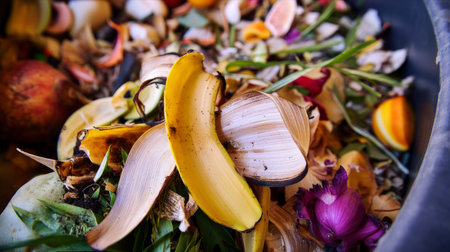 Compost heap in neat boxes and containers against green garden background. Top view. Waste recycling concept. Sustainable and zero waste lifestyle.の素材