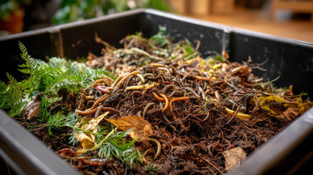 Close-up of natural, processed compost in a waste collection container with visible earthworms and waste residuesの素材