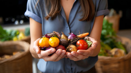 Compost heap with biowaste. Farmer's hands close-up with vegetables and fruits, food waste from bucket in compost. Zero waste, composting concept.の素材