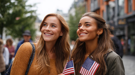 Two young happy women are walking through a city where there are many other people, with a small American flag in their hands, the background is blurred. Election Day in the USA. America Day. Festive Mood on President's Day.の素材