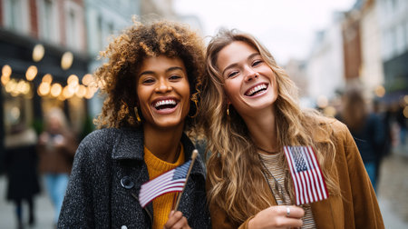 Two happy laughing excited fashionable stylish dark-skinned mature girlfriends in sunglasses, holding small American flags in their hands. Election Day in the USA. America Day. Festive Mood on President's Day.の素材