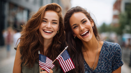 Two young happy women are walking through a city where there are many other people, with a small American flag in their hands, the background is blurred. Election Day in the USA. America Day. Festive Mood on President's Day.の素材