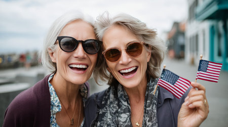 Two happy laughing excited fashionable stylish mature girlfriends in sunglasses holding small American flags in their hands. Election Day in the USA. America Day. Festive Mood on President's Day.の素材