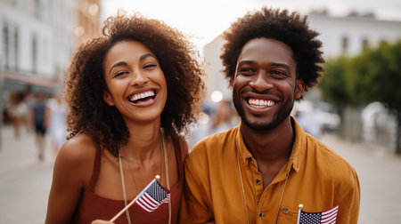Two happy laughing excited fashion stylish dark skinned mature man and girl in sunglasses holding small american flags. Election Day in USA. America Day. Festive mood on President's Day.の素材