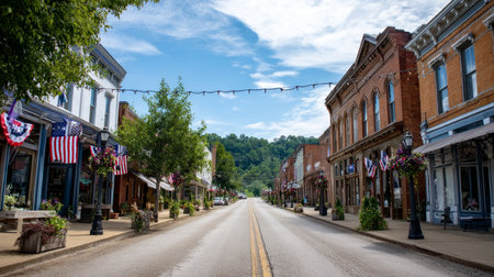 A festive street corner decorated with American flags and bunting for a 4th of July block party. Election Day in the USA. America Day. Festive Mood on President's Day.の素材