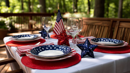 July 4, Independence Day traditional American picnic background. Plates, glasses, USA flags on green lawn or meadow grass, with blanket or tablecloth for picnic, sunglasses, copy space top view. Election Day in the USA. America Day.の素材