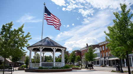 A festive street corner decorated with American flags and bunting for a 4th of July block party. Election Day in the USA. America Day. Festive Mood on President's Day.の素材
