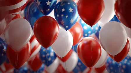A large bunch of balloons in the colors of the American flag against a blue sky, with copy space. Election Day in the USA. America Day. Festive Mood on President's Day.の素材