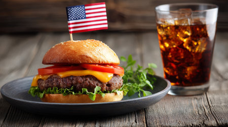 An appetizing burger with a small American flag inserted into it lies on a plate in a cafe with a glass of cola. Election Day in the USA. America Day. Festive Mood on President's Day.の素材