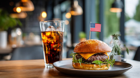 An appetizing burger with a small American flag inserted into it lies on a plate in a cafe with a glass of cola. Election Day in the USA. America Day. Festive Mood on President's Day.の素材