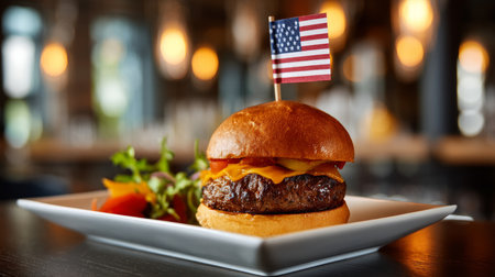 An appetizing burger with a small American flag inserted into it lies on a plate in a cafe with a glass of cola. Election Day in the USA. America Day. Festive Mood on President's Day.の素材