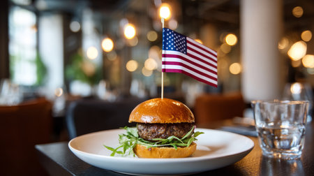 An appetizing burger with a small American flag inserted into it lies on a plate in a cafe with a glass of cola. Election Day in the USA. America Day. Festive Mood on President's Day.の素材