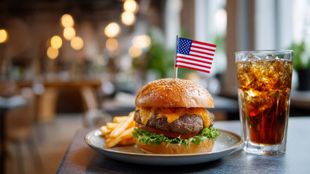 An appetizing burger with a small American flag inserted into it lies on a plate in a cafe with a glass of cola. Election Day in the USA. America Day. Festive Mood on President's Day.の素材