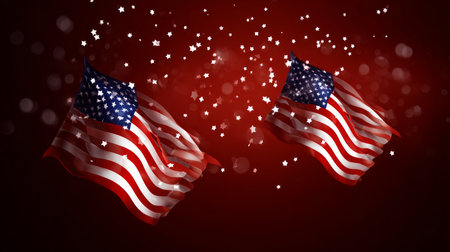 American flags and confetti stars on a red background. US Independence Day, US Labor Day. Election Day in the USA. America Day. Festive Mood on President's Day.の素材