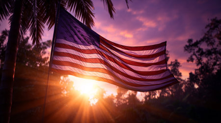 American flag in nature against a background of sunset in pink ligh. Election Day in the USA. America Day. Festive Mood on President's Day.の素材