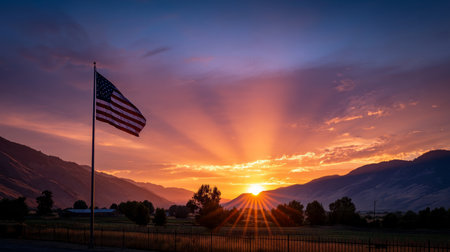 American flag in nature against a background of sunset in pink ligh. Election Day in the USA. America Day. Festive Mood on President's Day.の素材
