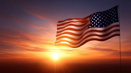 American flag in nature against a background of sunset in pink ligh. Election Day in the USA. America Day. Festive Mood on President's Day.の素材